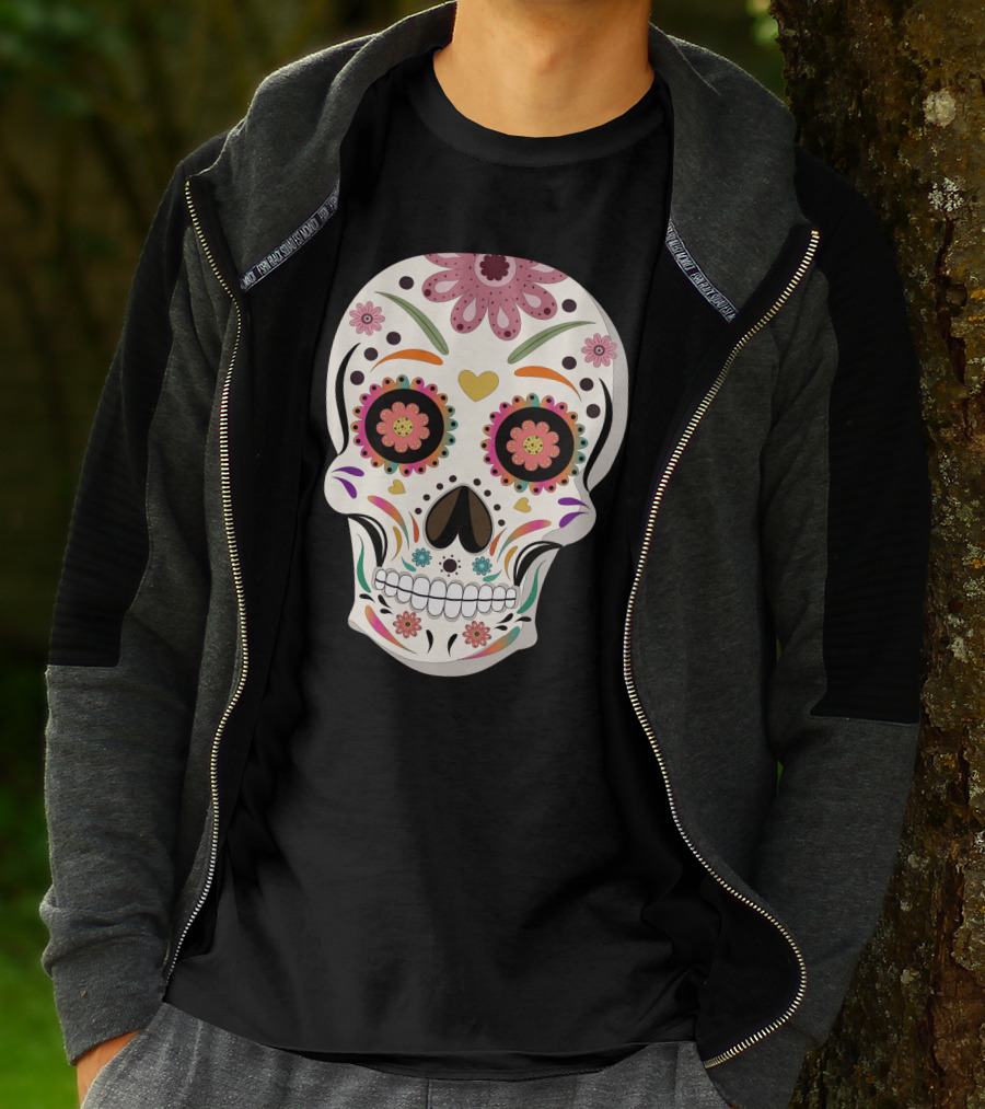 Day Of The Dead Bride Sugar Skull With Floral And Heart Motifs T-Shirt