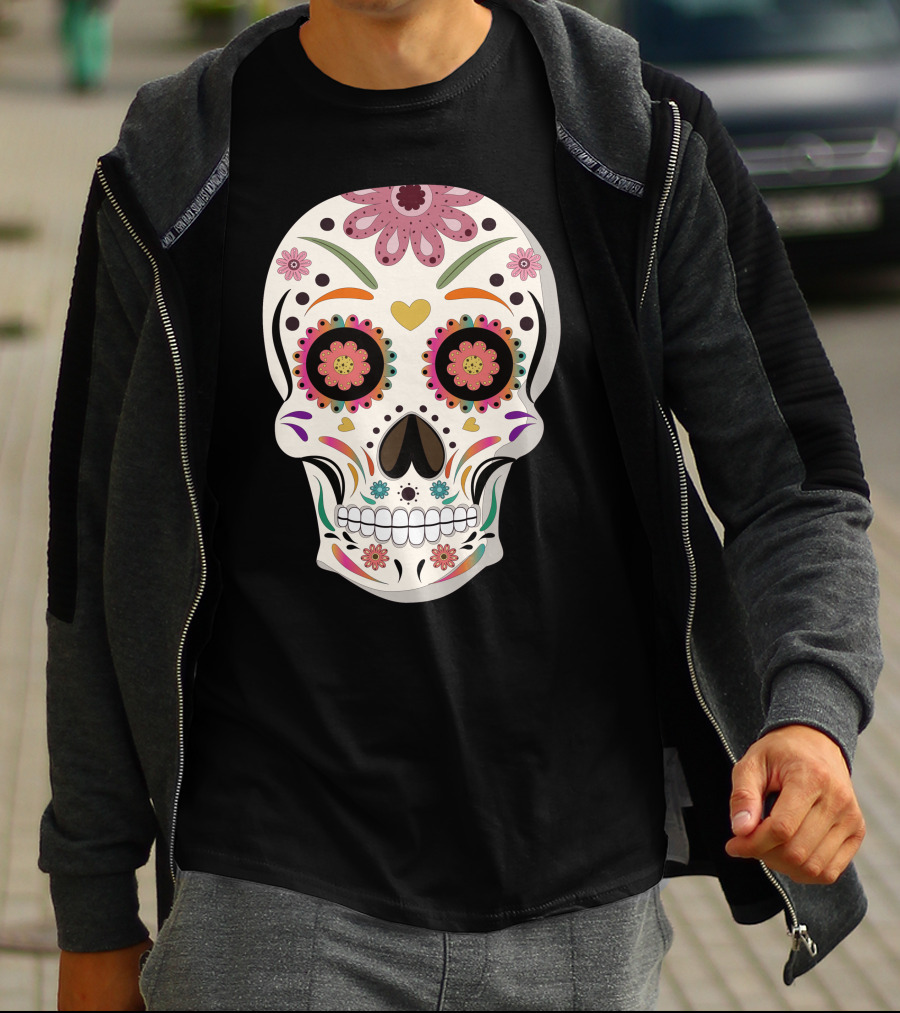 Day Of The Dead Bride Sugar Skull With Floral And Heart Motifs T-Shirt
