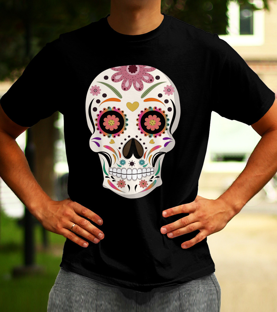 Day Of The Dead Bride Sugar Skull With Floral And Heart Motifs T-Shirt