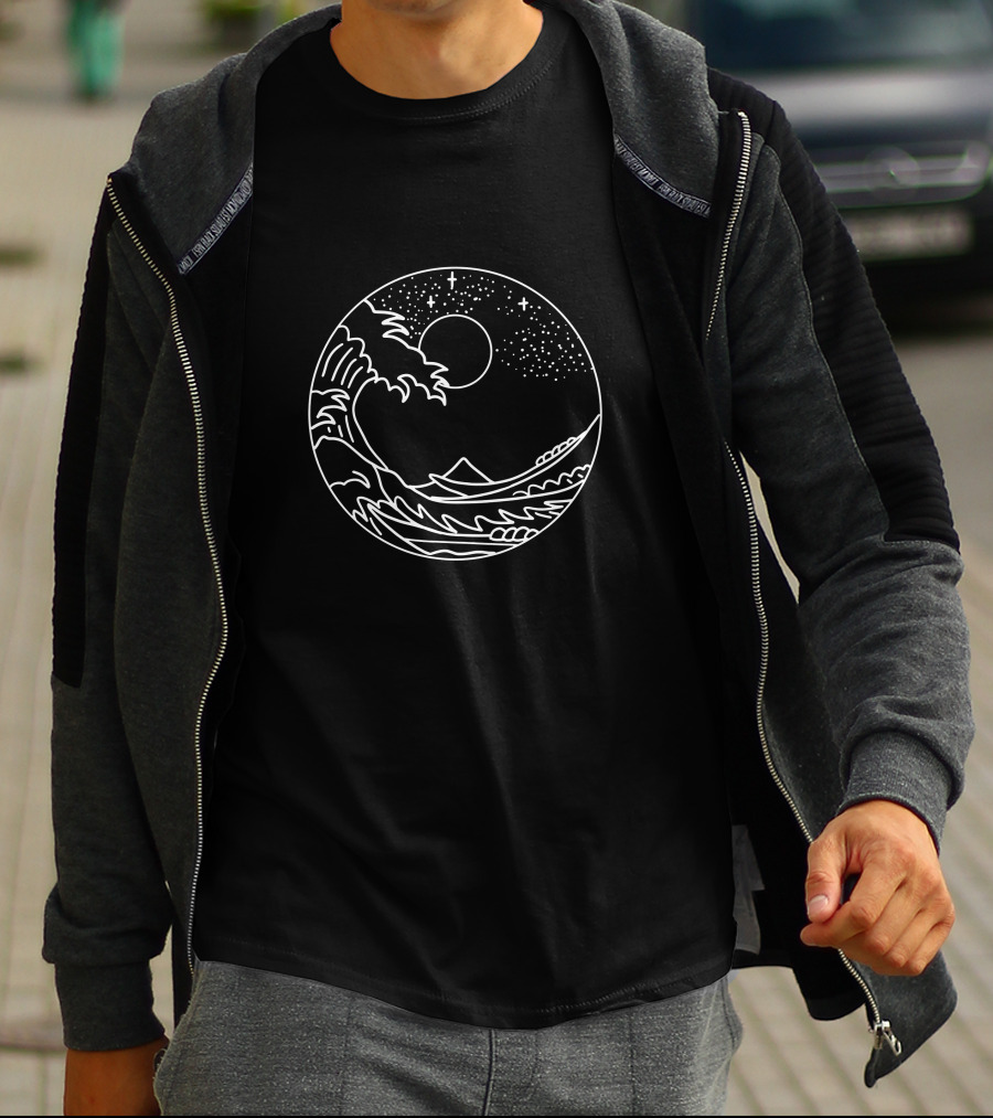 The Great Wave Off Kanagawa Minimal Line Moon Night Sky Nature T-Shirt