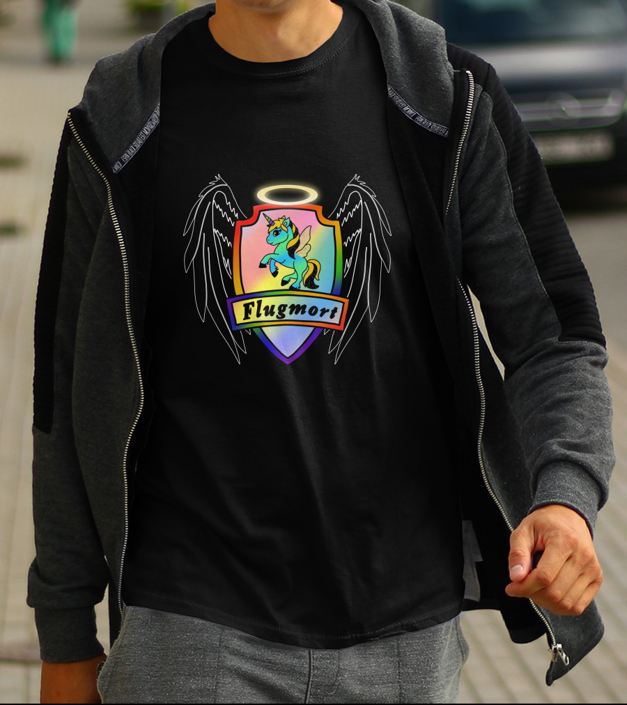 Flugmort Rainbow Unicorn Crest With Black Angel Wings Halo T-Shirt