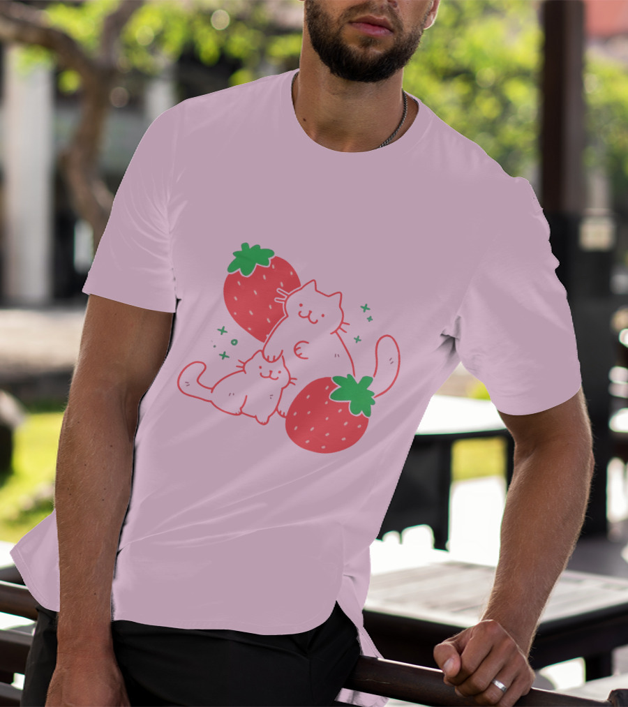 Crowlines Shop Strawberry Cat And Kitten With Stars And Strawberries T-Shirt