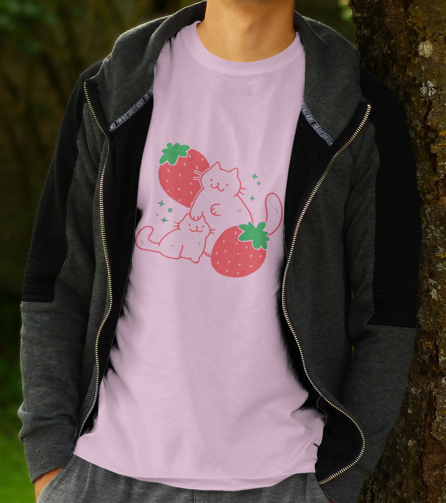 Crowlines Shop Strawberry Cat And Kitten With Stars And Strawberries T-Shirt