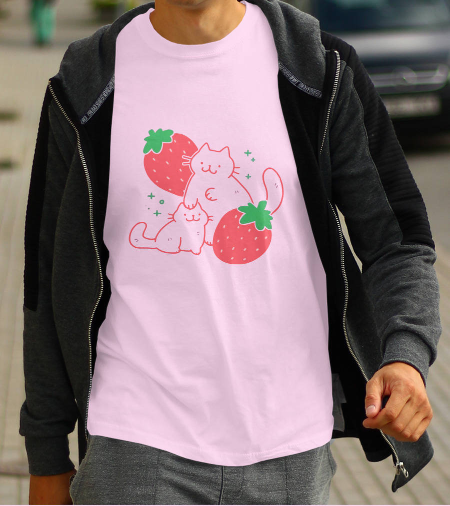 Crowlines Shop Strawberry Cat And Kitten With Stars And Strawberries T-Shirt