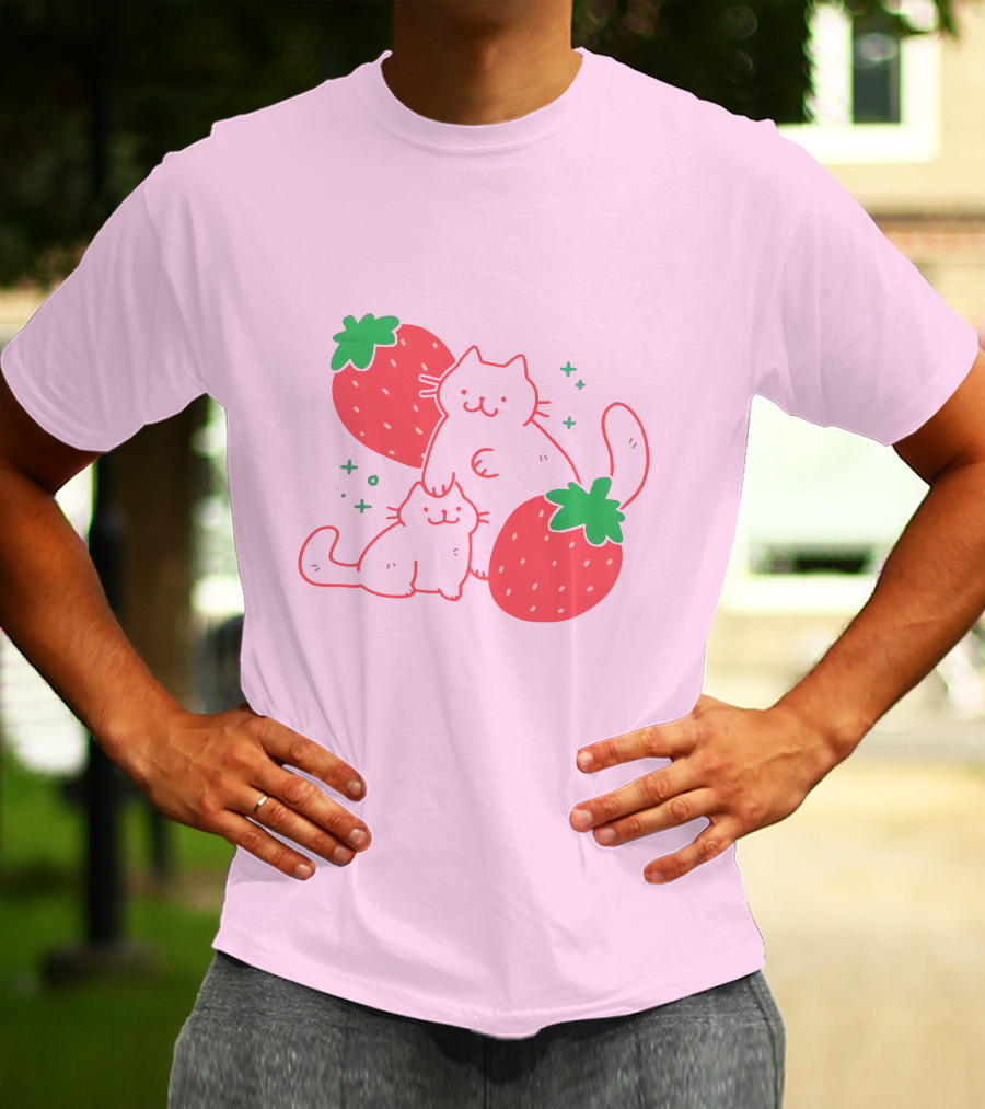Crowlines Shop Strawberry Cat And Kitten With Stars And Strawberries T-Shirt
