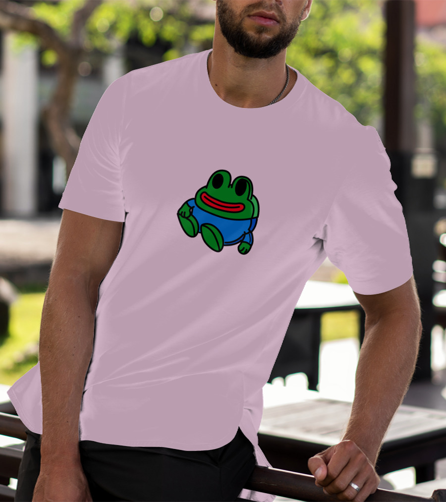 Mizkif Sat REALMizkif Pepe Frog Sitting Cartoon Pink Background T-Shirt