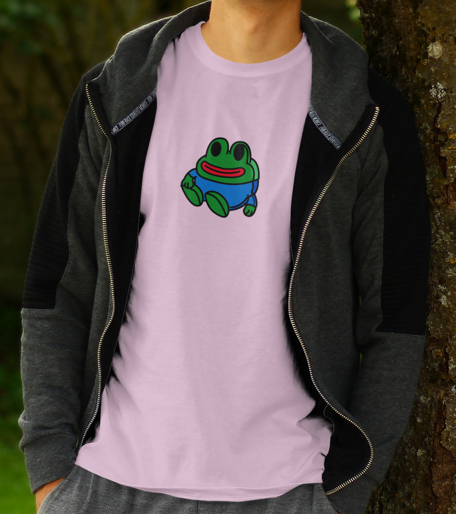 Mizkif Sat REALMizkif Pepe Frog Sitting Cartoon Pink Background T-Shirt