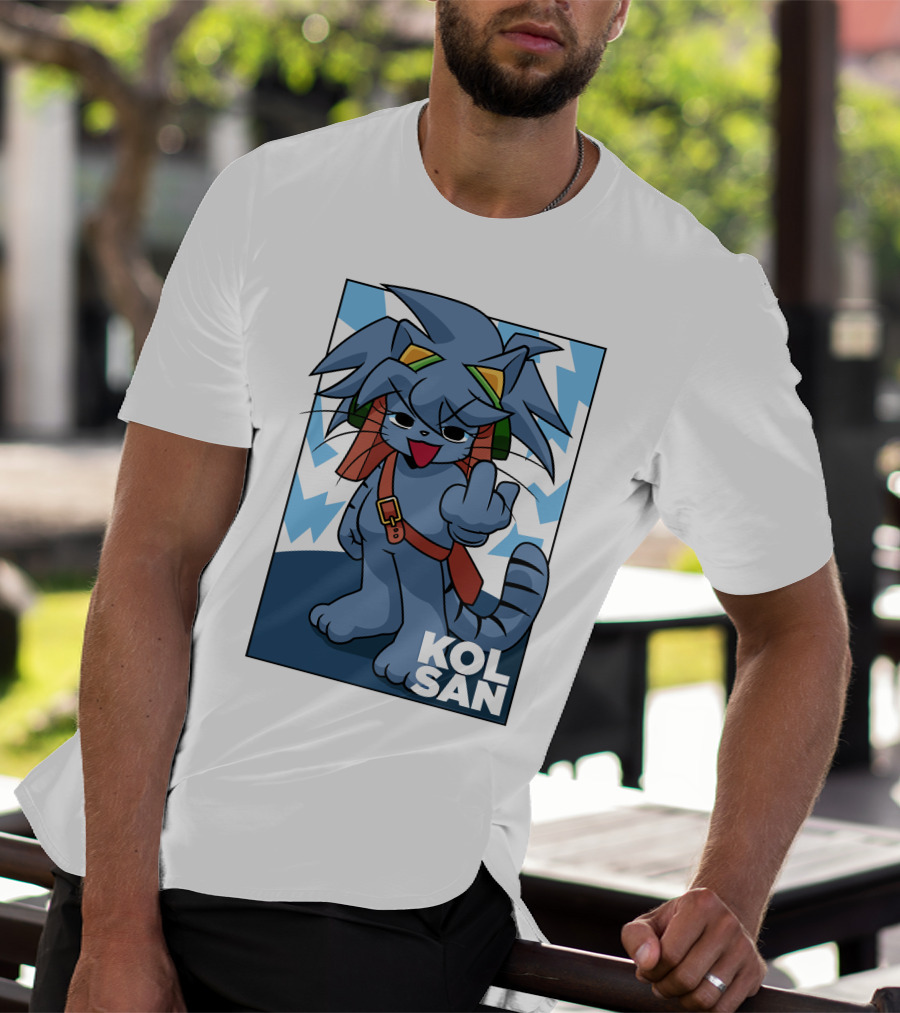 Kolsan Attitude Blue Cat Character With Lightning Bolt Background T-Shirt