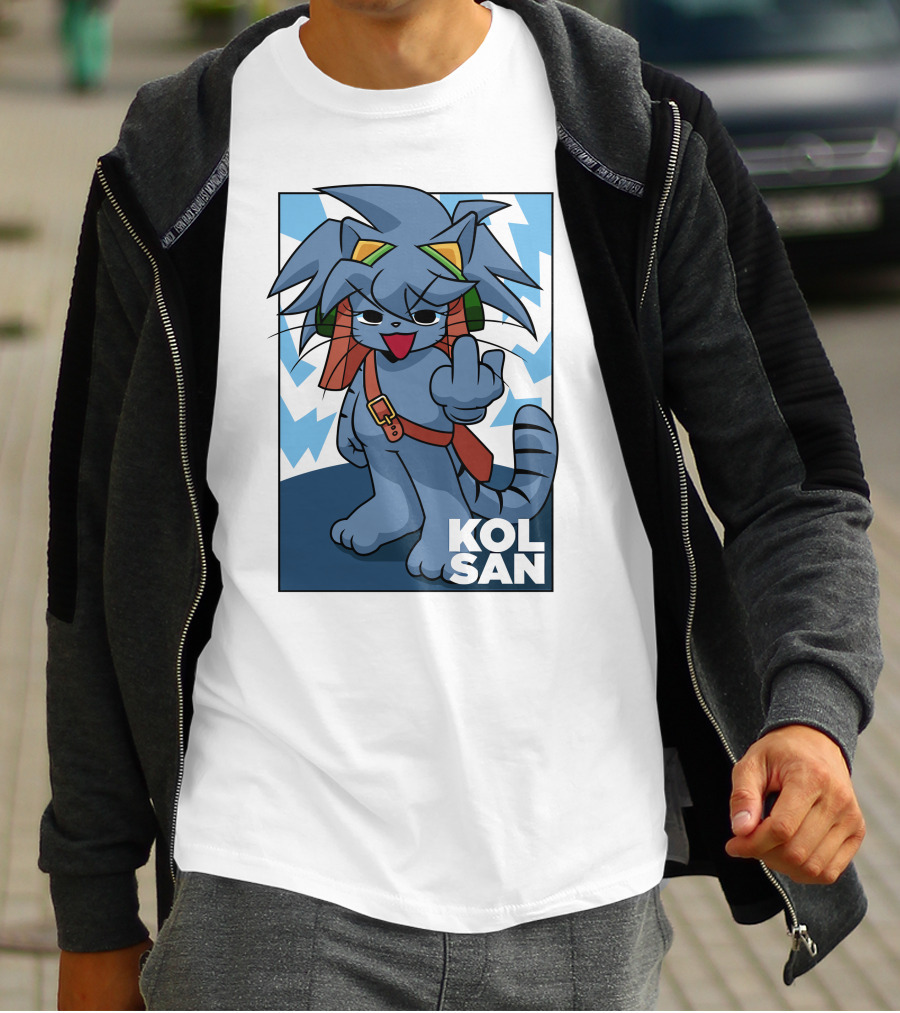 Kolsan Attitude Blue Cat Character With Lightning Bolt Background T-Shirt