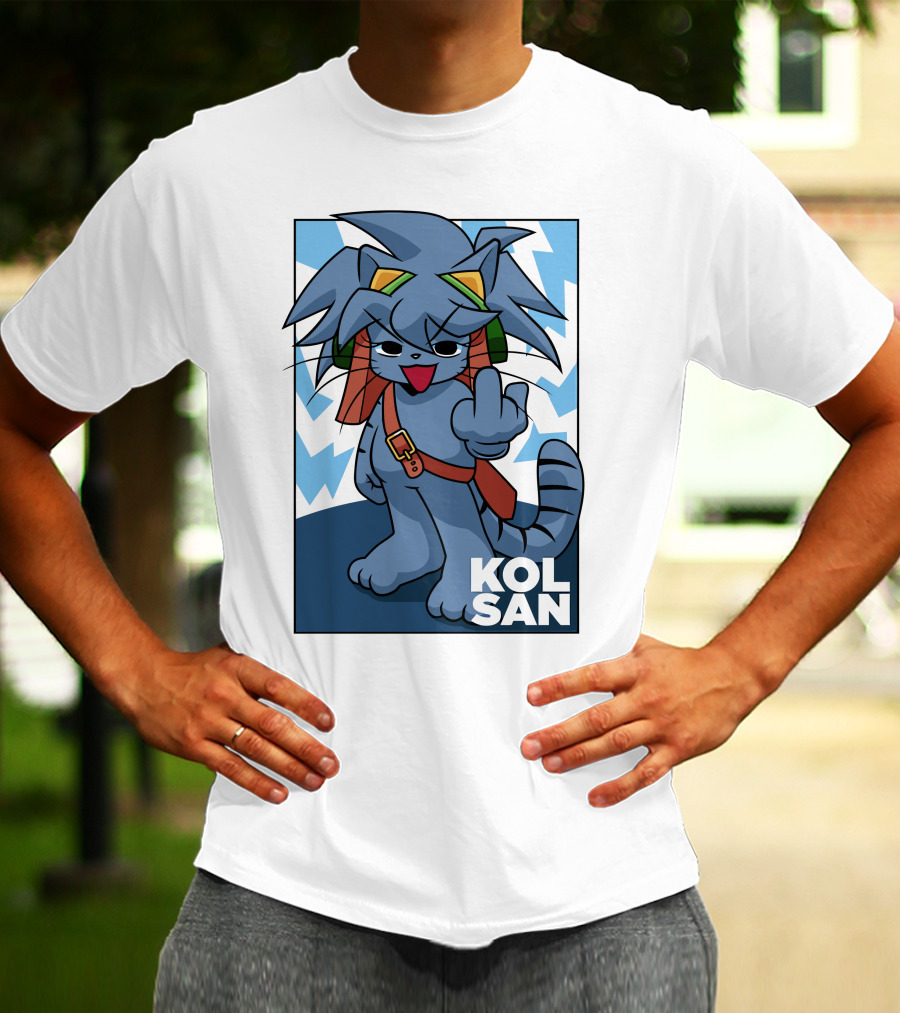 Kolsan Attitude Blue Cat Character With Lightning Bolt Background T-Shirt