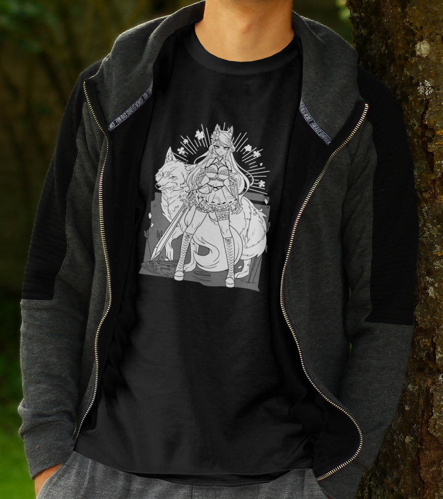 Shark Robot Silvervale Vshojo Warrior With Wolf Companion T-Shirt