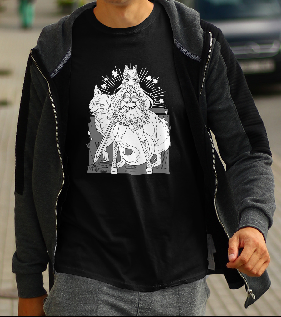 Shark Robot Silvervale Vshojo Warrior With Wolf Companion T-Shirt