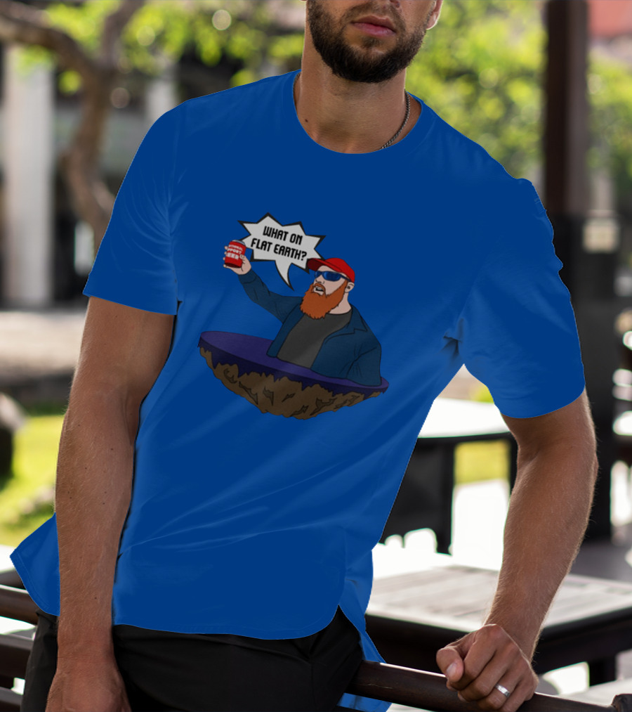 Brent Terhune What On Flat Earth Comedy Satire Floating Island Red Hat Beard Sunglasses Blue Jacket Can T-Shirt