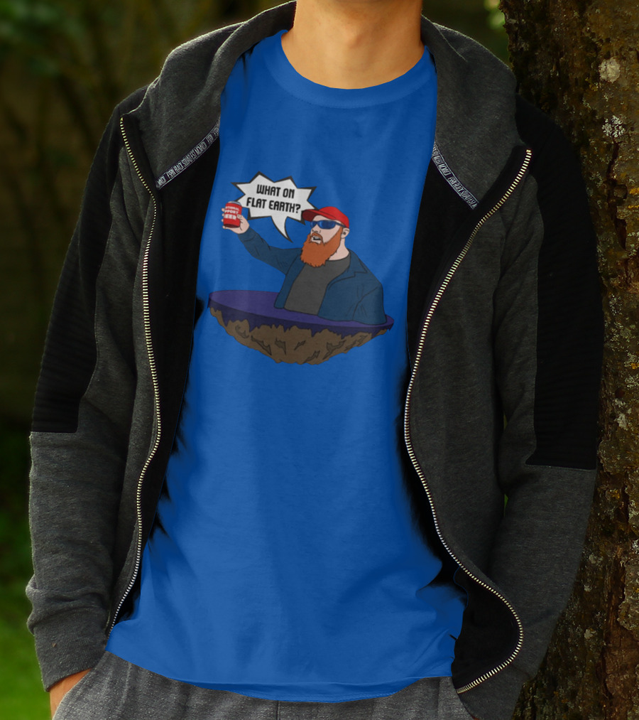 Brent Terhune What On Flat Earth Comedy Satire Floating Island Red Hat Beard Sunglasses Blue Jacket Can T-Shirt