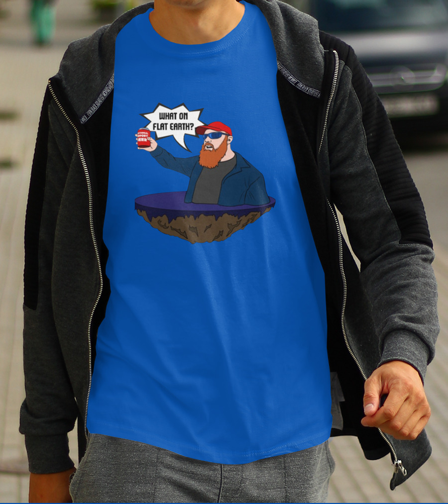 Brent Terhune What On Flat Earth Comedy Satire Floating Island Red Hat Beard Sunglasses Blue Jacket Can T-Shirt