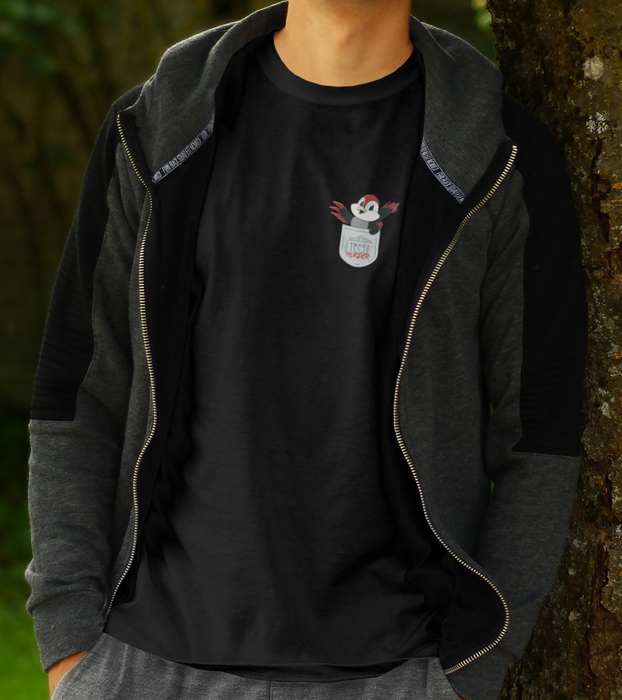 Pocket Robin Cartoon With Murder Text And Small Town House T-Shirt