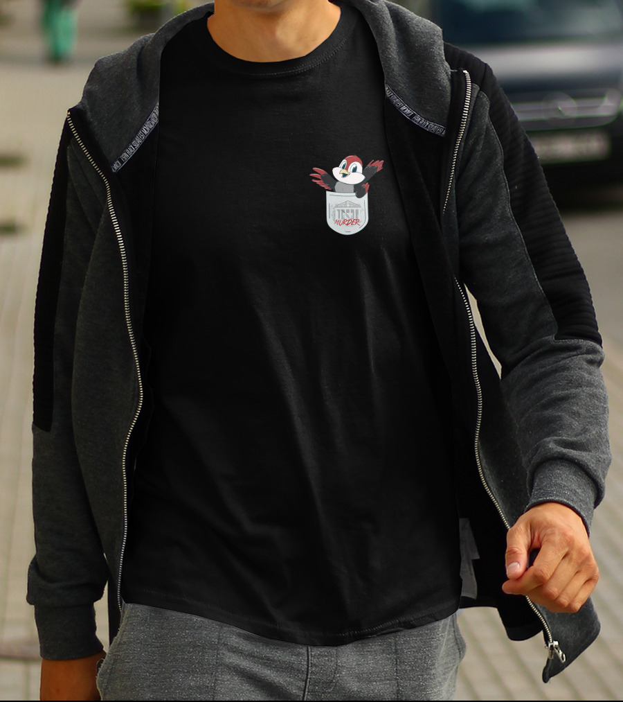 Pocket Robin Cartoon With Murder Text And Small Town House T-Shirt