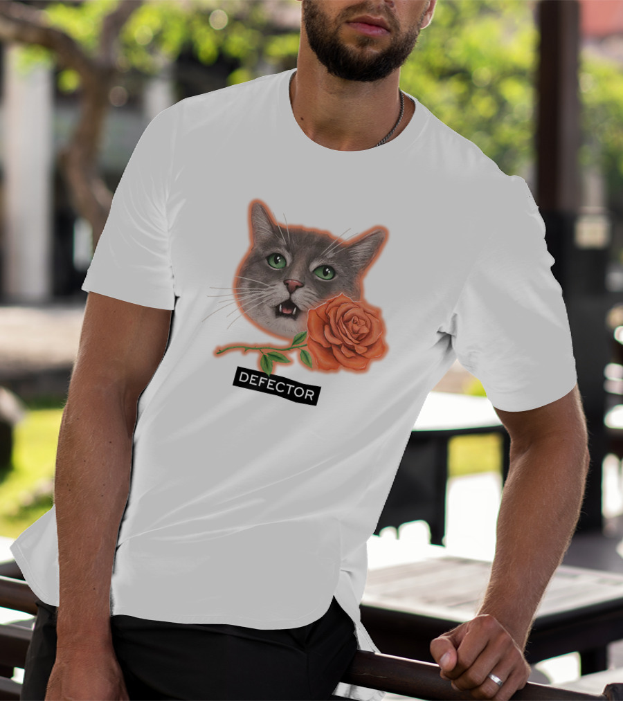 Defector Grey Cat With Orange Rose T-Shirt