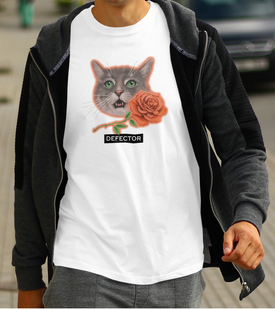 Defector Grey Cat With Orange Rose T-Shirt