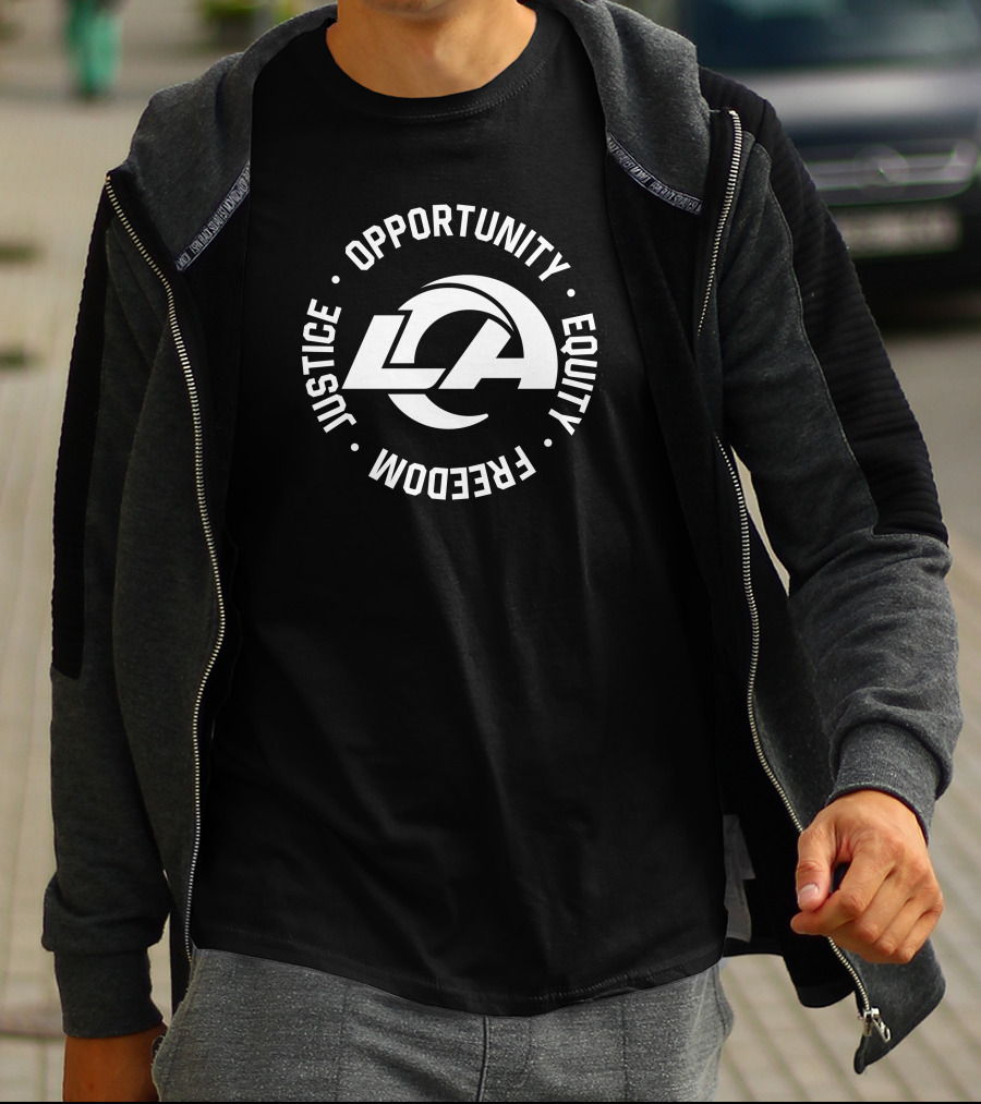 LA Opportunity Equity Freedom Justice Multicolor Block Text T-Shirt