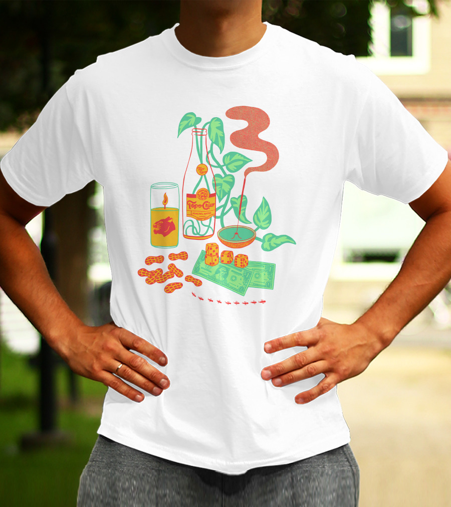 Quarenscene Natural Simone Thornton Topo Chico Peanuts Candle Dice Leaves Money Ants T-Shirt