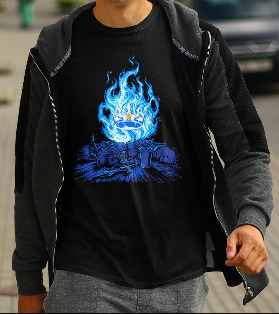 Otk Merch Blue Flame Crown With Tabletop Food And Drinks T-Shirt