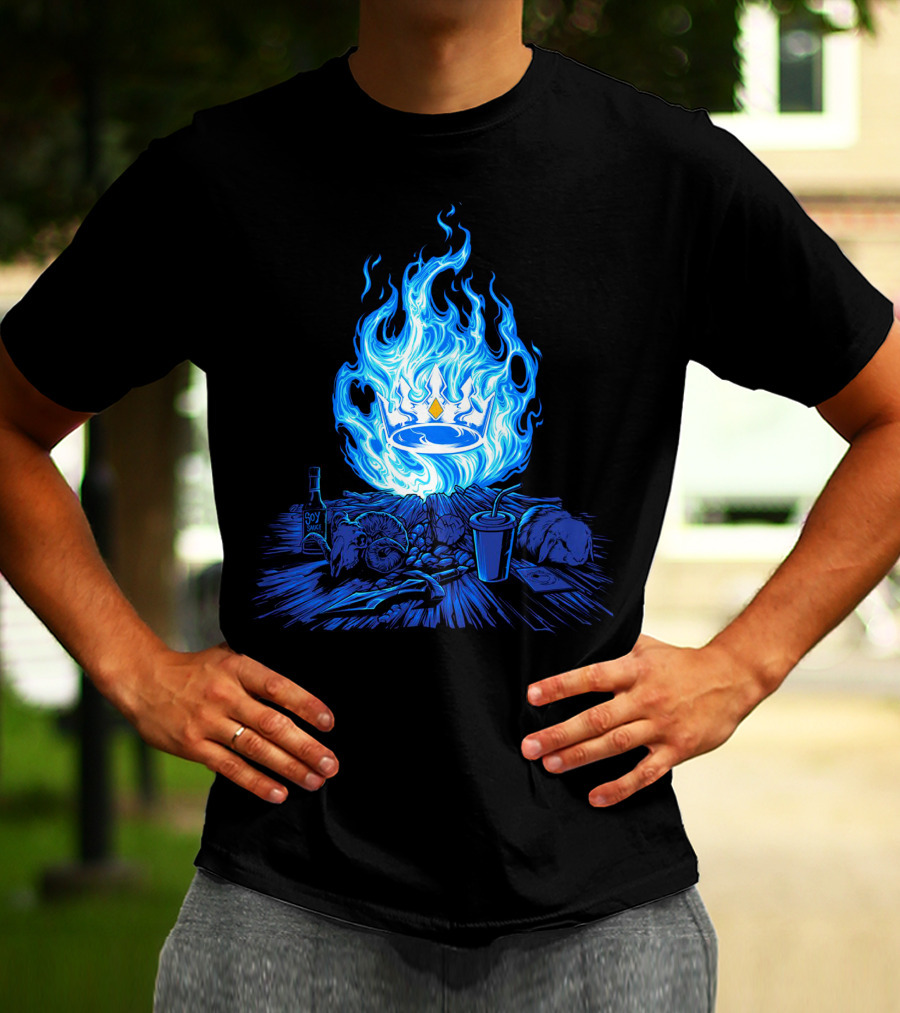 Otk Merch Blue Flame Crown With Tabletop Food And Drinks T-Shirt
