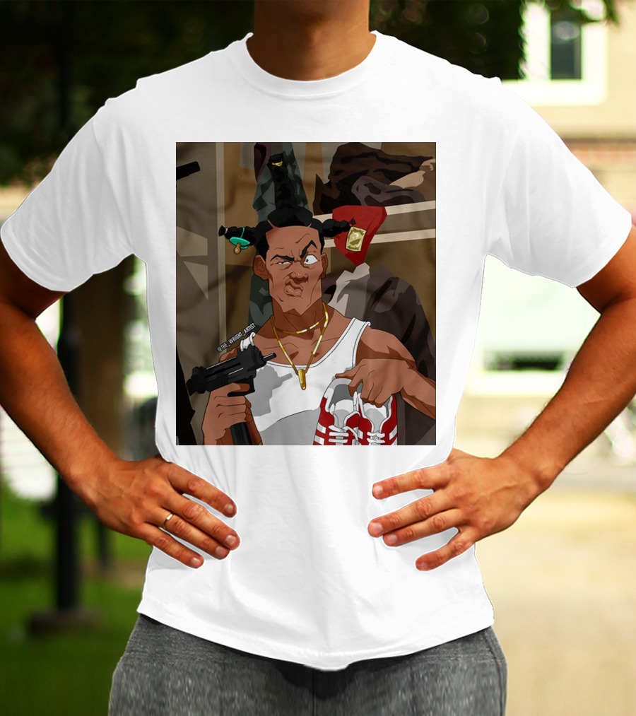 Loc Dog Mens Society Parody Character Holding Sneakers And Gun T-Shirt