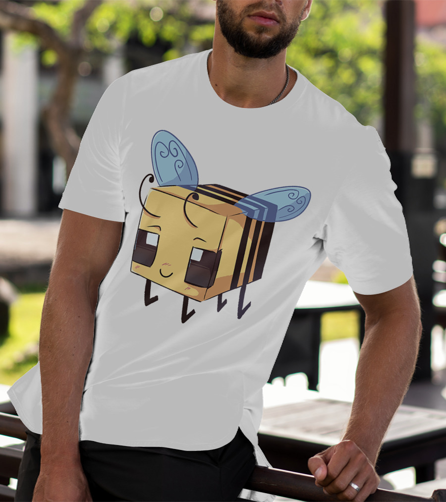 Punz Merch Cute Blocky Bee Character With Whimsical Blue Wings T-Shirt