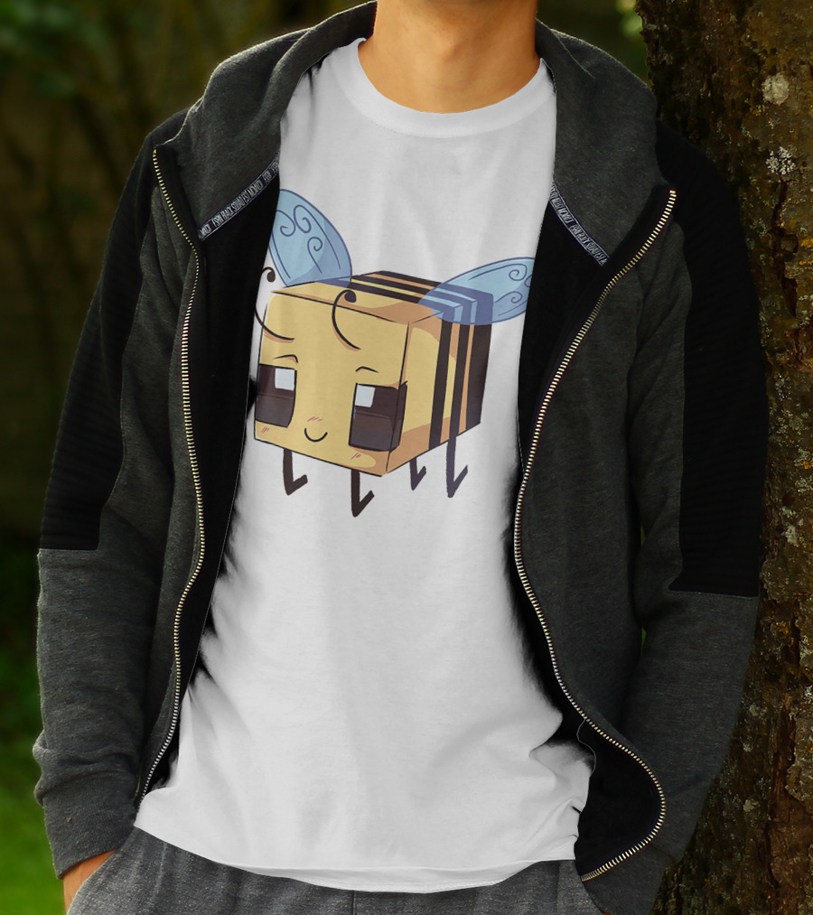Punz Merch Cute Blocky Bee Character With Whimsical Blue Wings T-Shirt