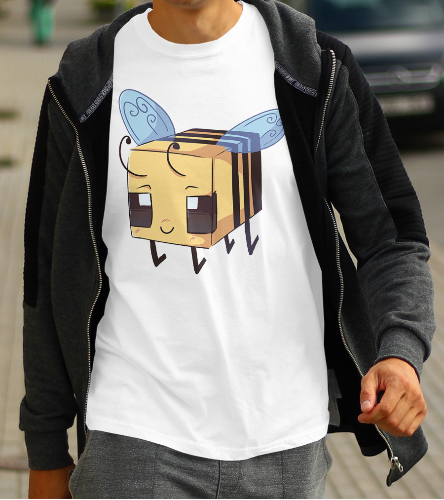 Punz Merch Cute Blocky Bee Character With Whimsical Blue Wings T-Shirt