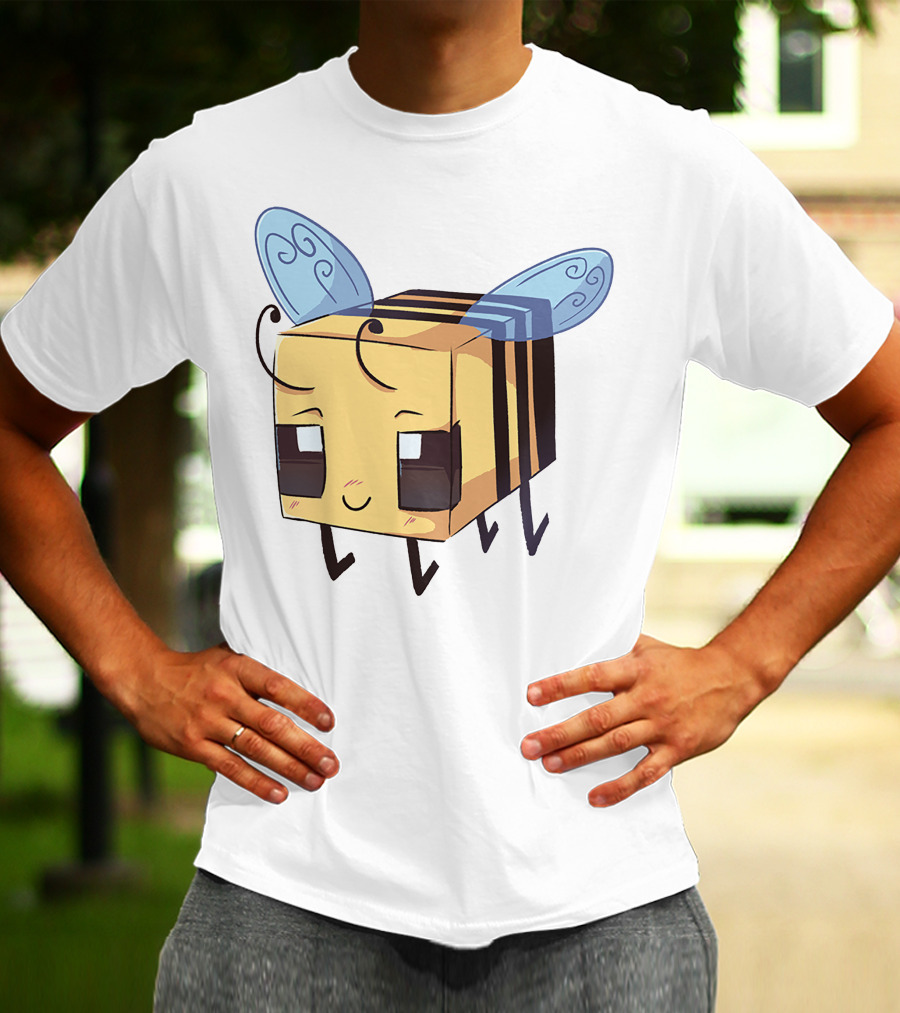 Punz Merch Cute Blocky Bee Character With Whimsical Blue Wings T-Shirt