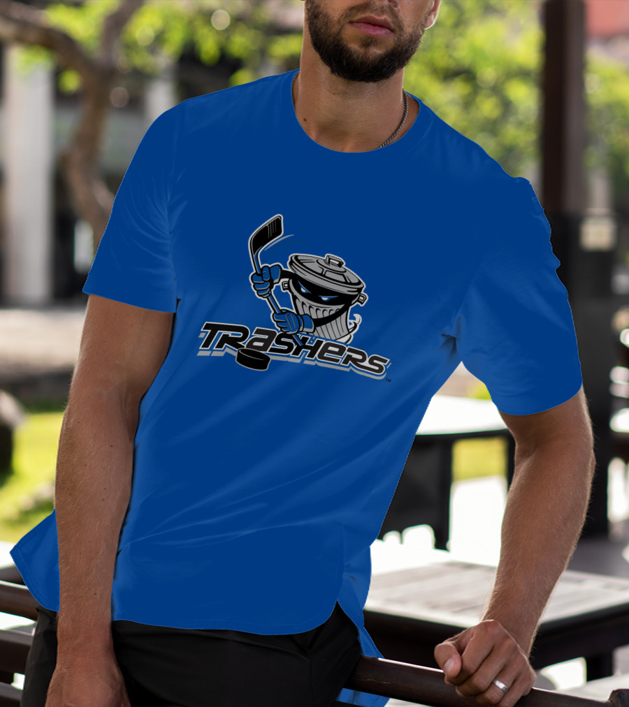 Danbury Trashers Blue Logo Hockey Trash Can Mascot T-Shirt