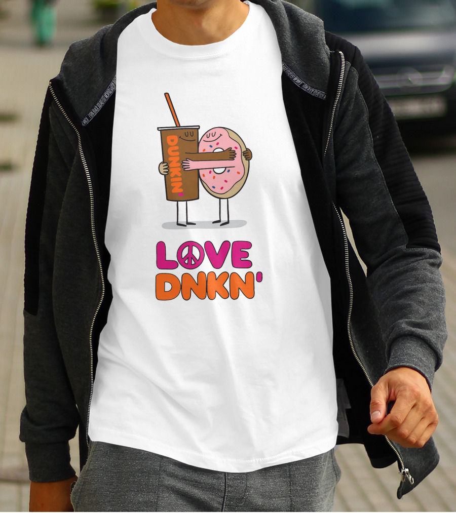 LOVE PEACE DUNKIN' HUGGING CARTOON DONUT AND COFFEE T-Shirt