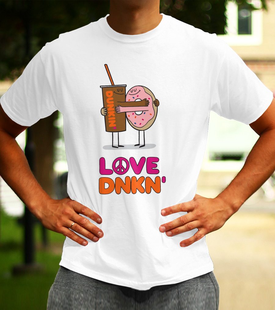 LOVE PEACE DUNKIN' HUGGING CARTOON DONUT AND COFFEE T-Shirt