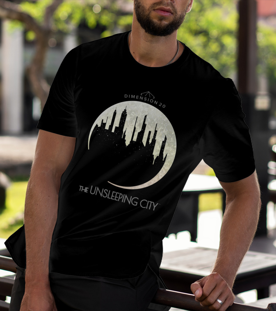 Dimension 20 The Unsleeping City Moon Skyline T-Shirt