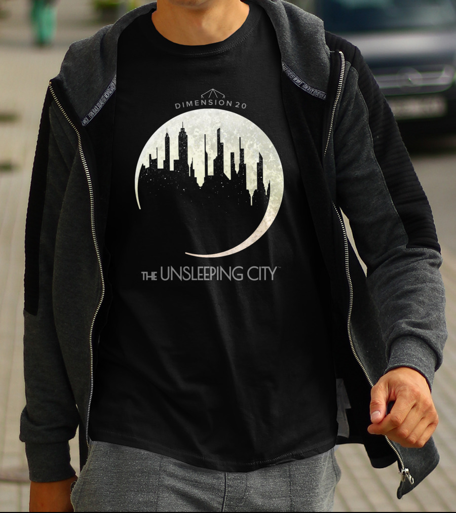 Dimension 20 The Unsleeping City Moon Skyline T-Shirt