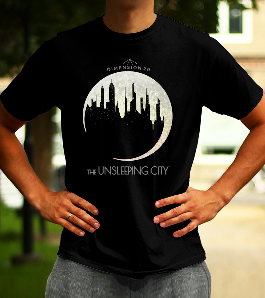 Dimension 20 The Unsleeping City Moon Skyline T-Shirt