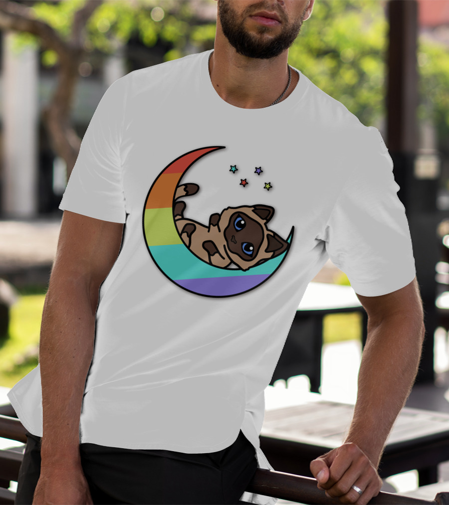 Antfrost Cat On Rainbow Crescent With Stars T-Shirt