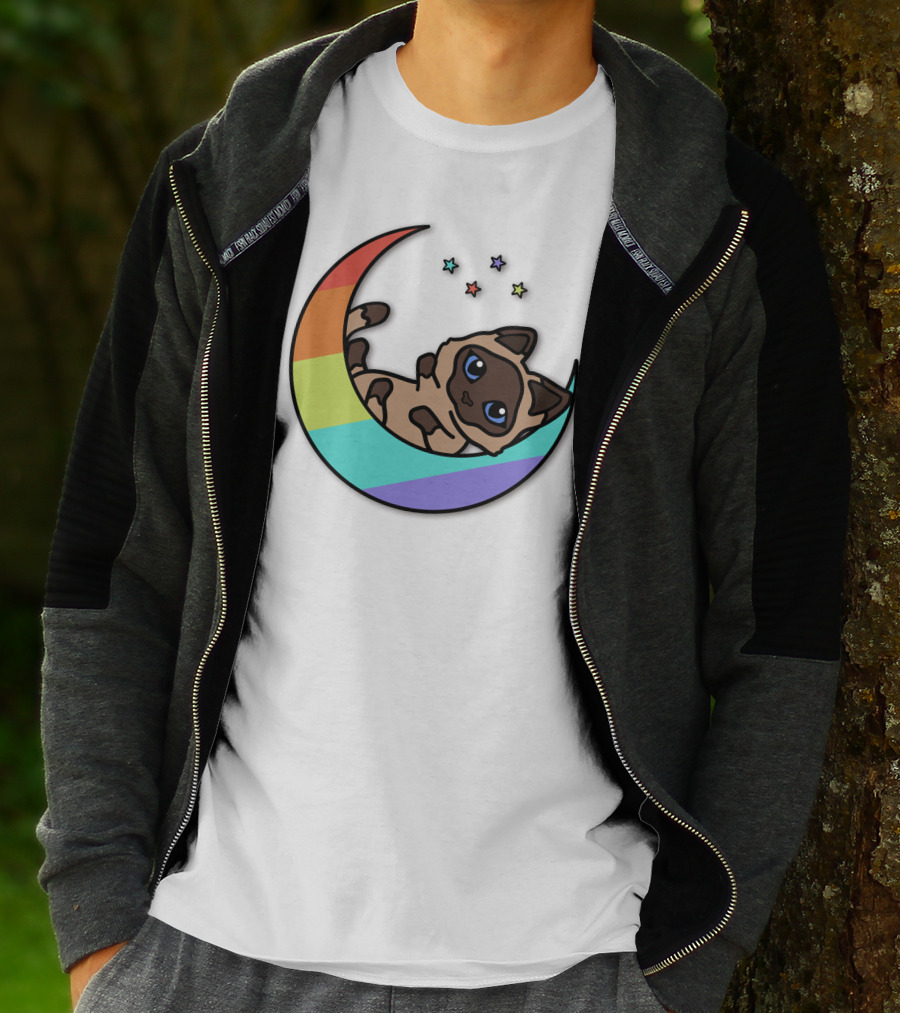 Antfrost Cat On Rainbow Crescent With Stars T-Shirt