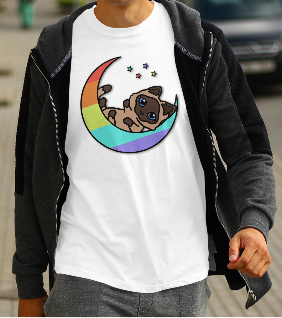 Antfrost Cat On Rainbow Crescent With Stars T-Shirt