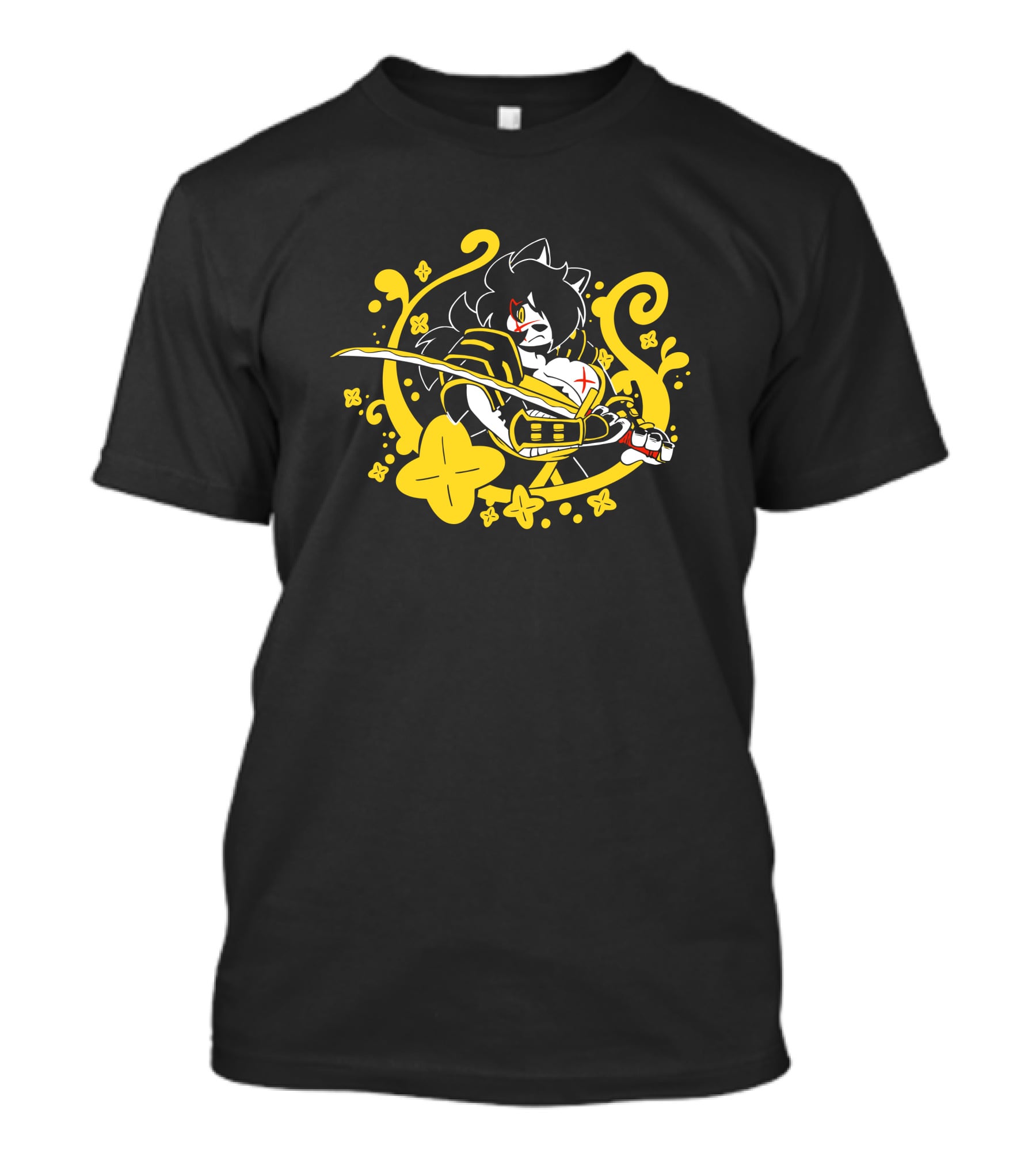 Hachimitsu Samurai Character With Sword And Yellow Floral Motif T-Shirt