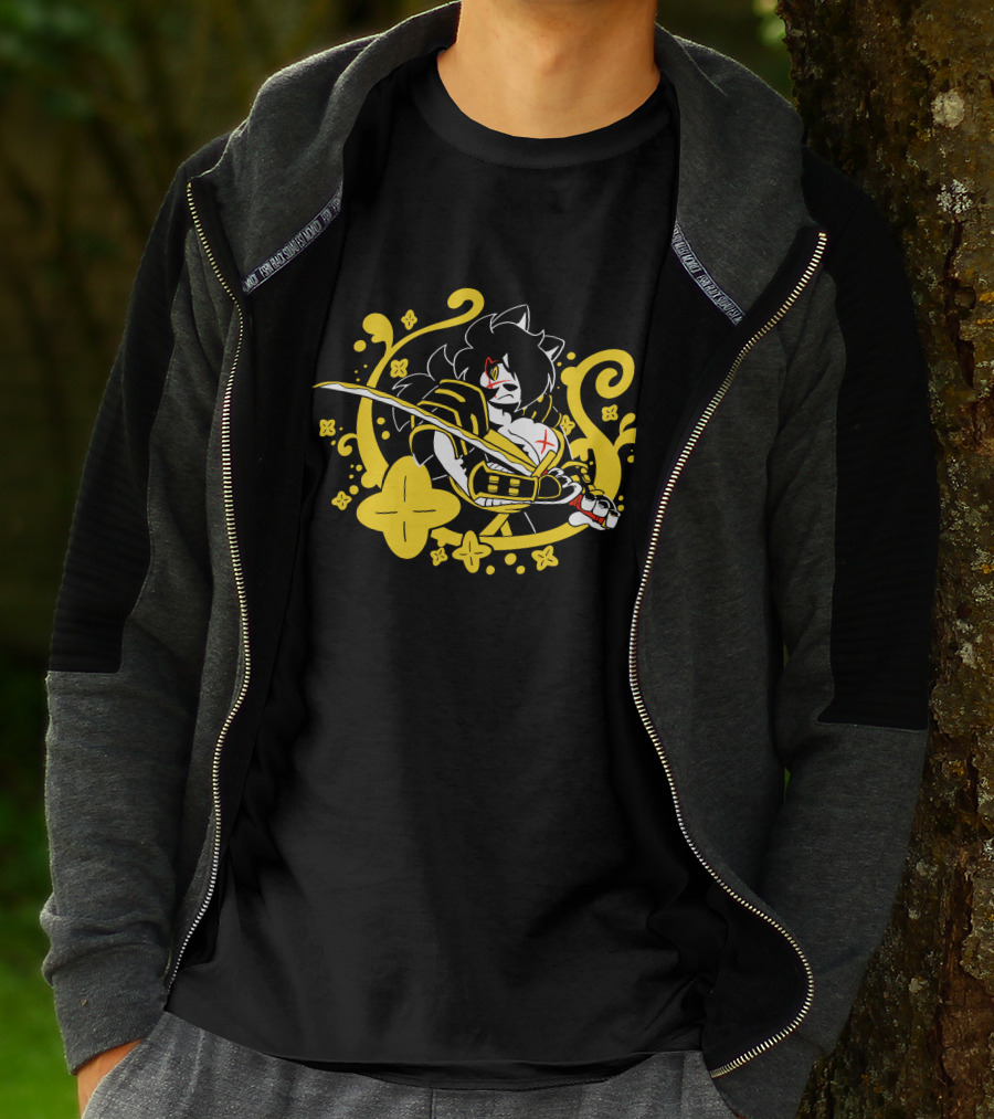 Hachimitsu Samurai Character With Sword And Yellow Floral Motif T-Shirt