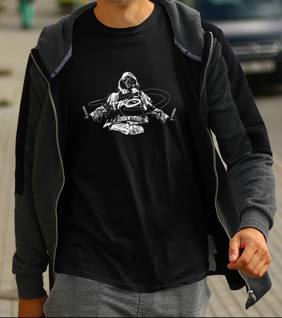 These Knives Only TKO Gas Mask Knife-Wielding Character T-Shirt