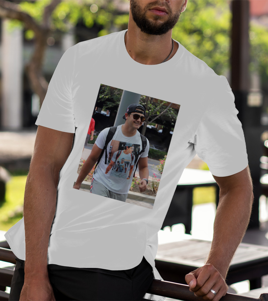 Liam Mccullough Arrives At Ohio State Camp Wearing Photo Print Shirt With Repeating Image T-Shirt