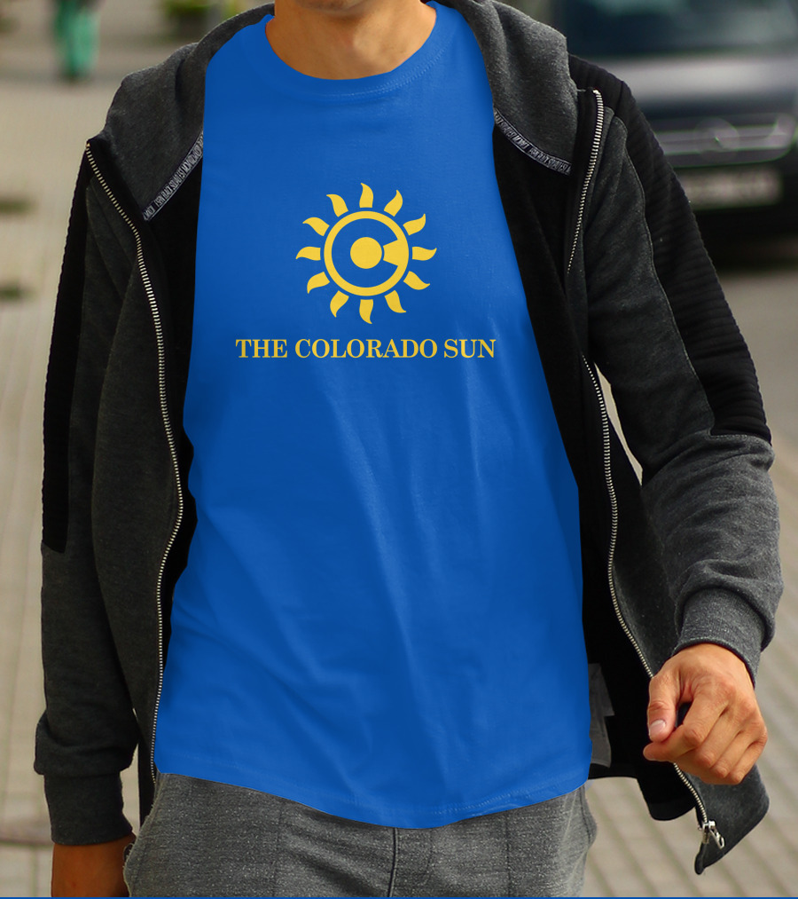 The Colorado Sun Merch Colorado Sun Logo Yellow Sunburst Blue Background T-Shirt