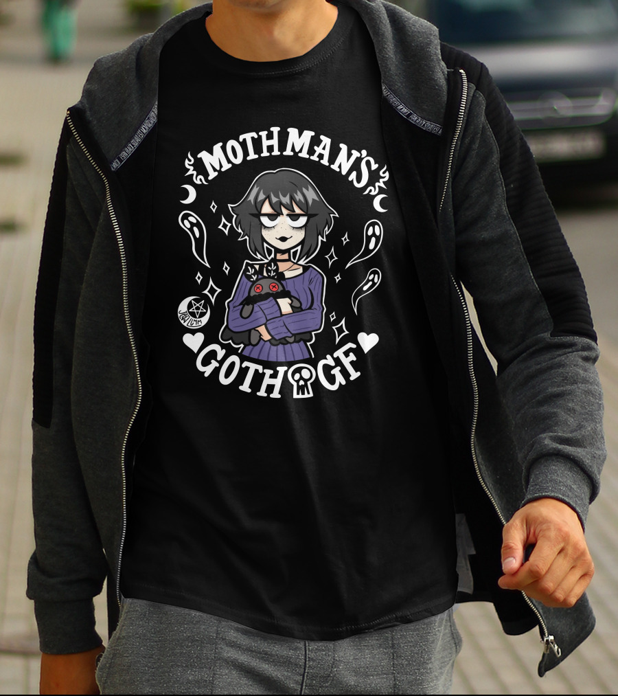 Mothman’s Goth GF Lilith Holding Black Cat Surrounded By Ghosts And Stars T-Shirt