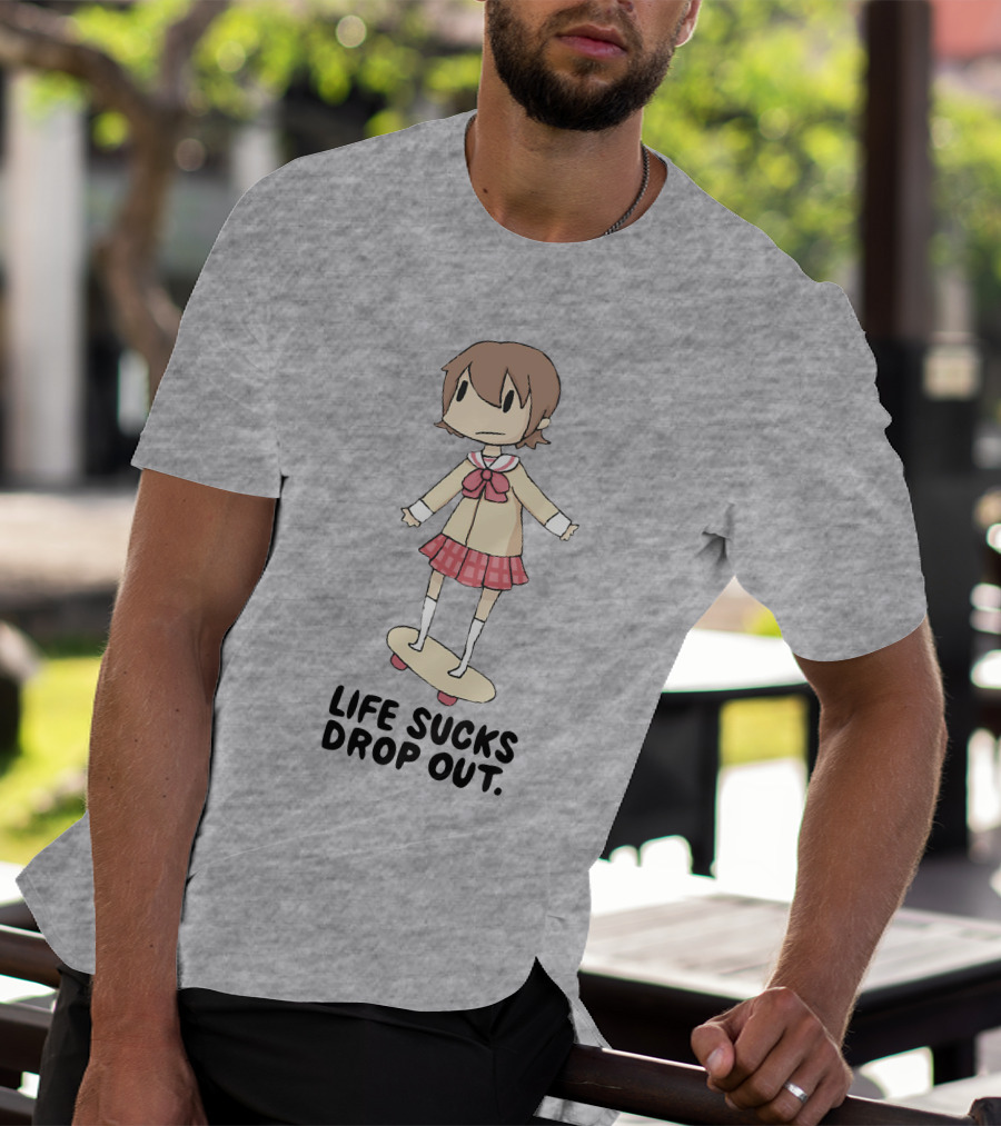 Life Sucks Drop Out Anime Style Character On Skateboard T-Shirt
