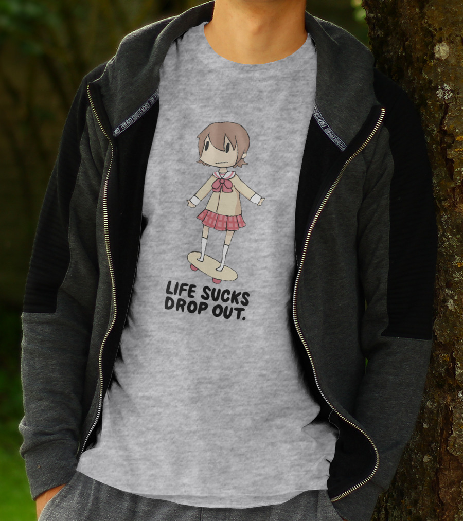 Life Sucks Drop Out Anime Style Character On Skateboard T-Shirt