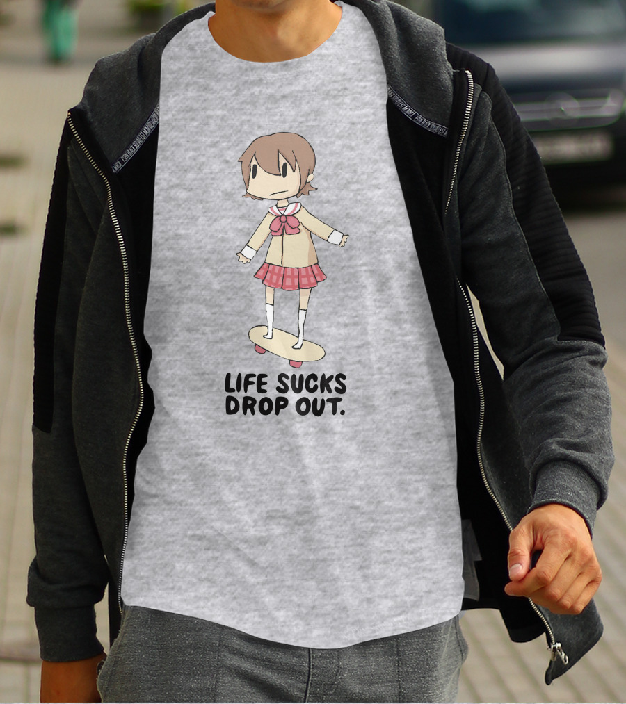 Life Sucks Drop Out Anime Style Character On Skateboard T-Shirt